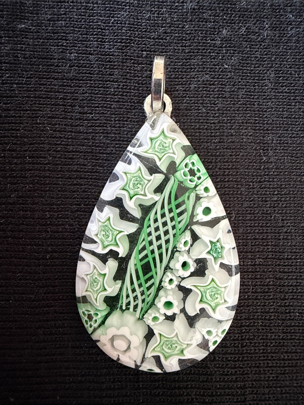 Vintage Millefiori Murano glass floral pendant, large, teardrop shape